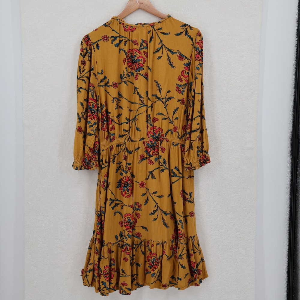 Knox Rose Floral Boho Dress Womens Size L Mustard Yellow Tiered Pockets Peasant - Picture 6 of 13